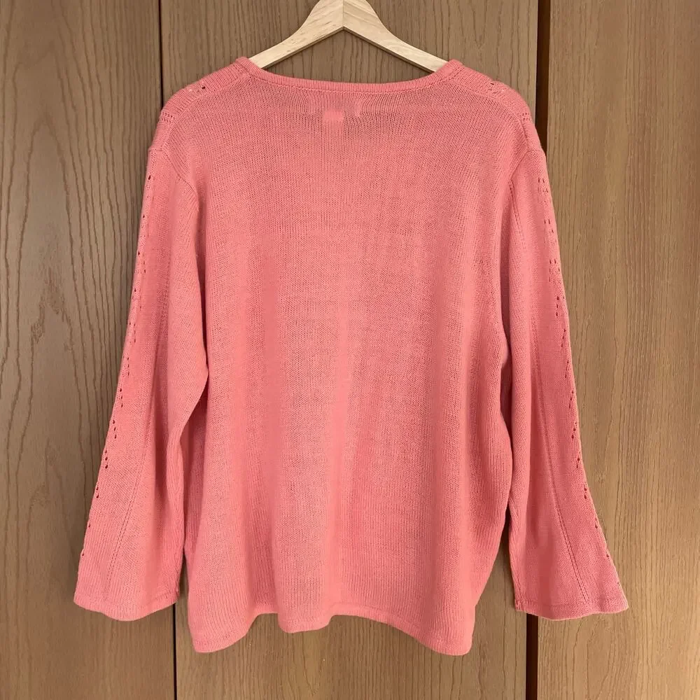 90s Vintage Floral Embroidered Coquette Sweater Peach Pink - Size 2X